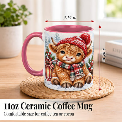 #pl[11oz|Pink] Watercolor Highland Cow Coffee Mug, Christmas Cow Mug, Ceramic Cup