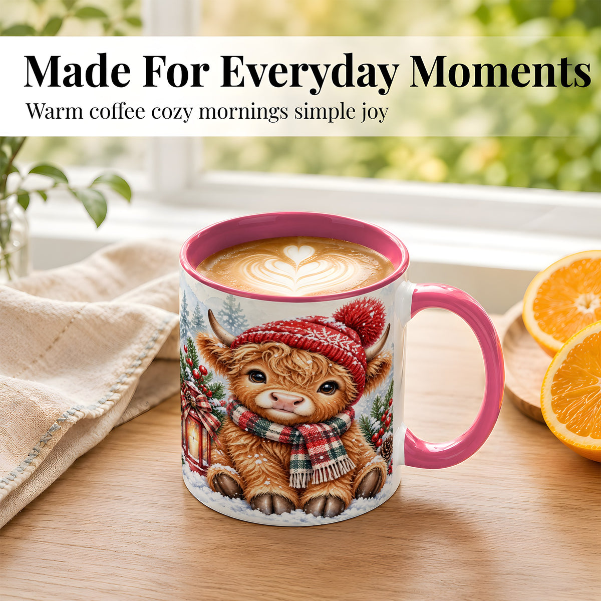 #pl[11oz|Pink] Watercolor Highland Cow Coffee Mug, Christmas Cow Mug, Ceramic Cup