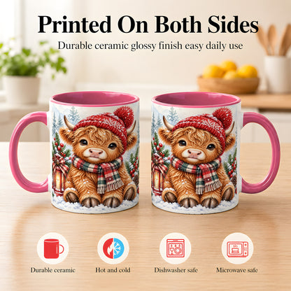 #pl[11oz|Pink] Watercolor Highland Cow Coffee Mug, Christmas Cow Mug, Ceramic Cup