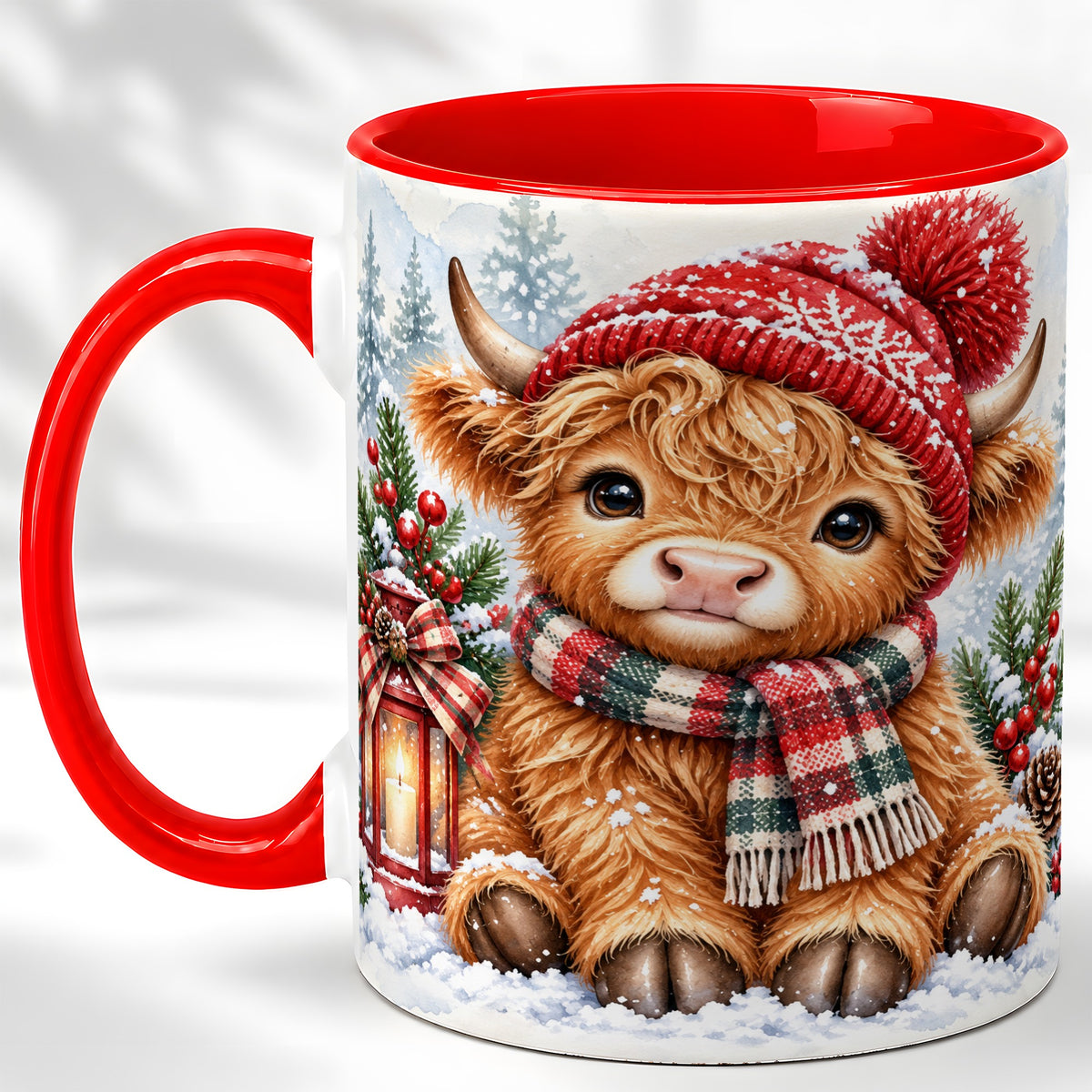 #pl[11oz|Red] Watercolor Highland Cow Coffee Mug, Christmas Cow Mug, Ceramic Cup