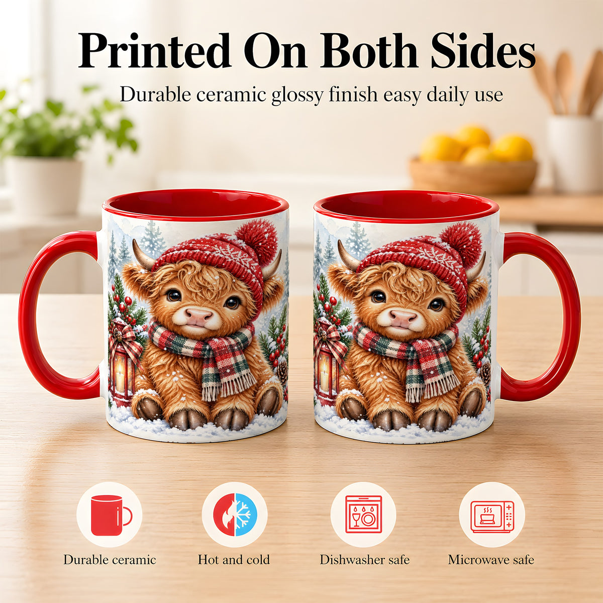 #pl[11oz|Red] Watercolor Highland Cow Coffee Mug, Christmas Cow Mug, Ceramic Cup