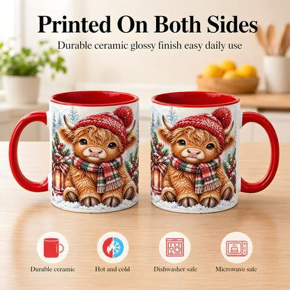 #pl[11oz|Red] Watercolor Highland Cow Coffee Mug, Christmas Cow Mug, Ceramic Cup