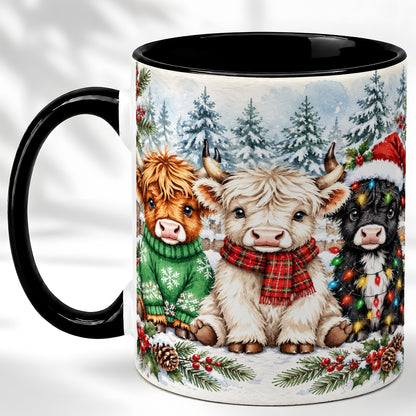 #pl[11oz|Black] Christmas Highland Cattle Coffee Mug, Festive Cow Mug, Ceramic Cup