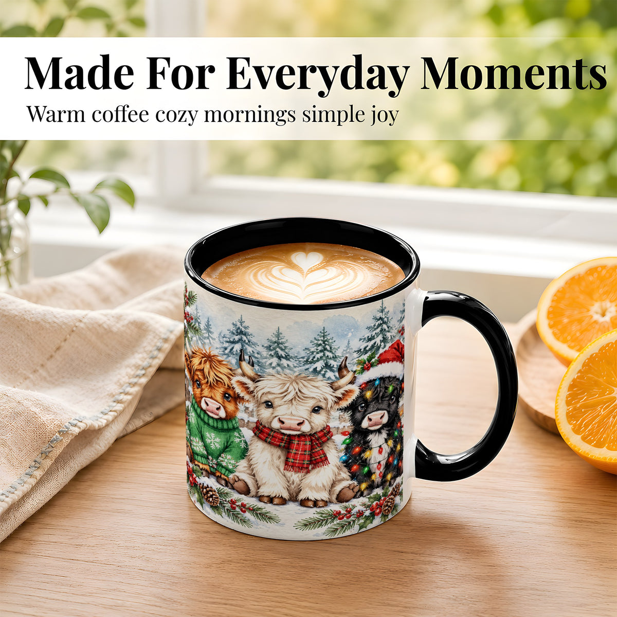 #pl[11oz|Black] Christmas Highland Cattle Coffee Mug, Festive Cow Mug, Ceramic Cup