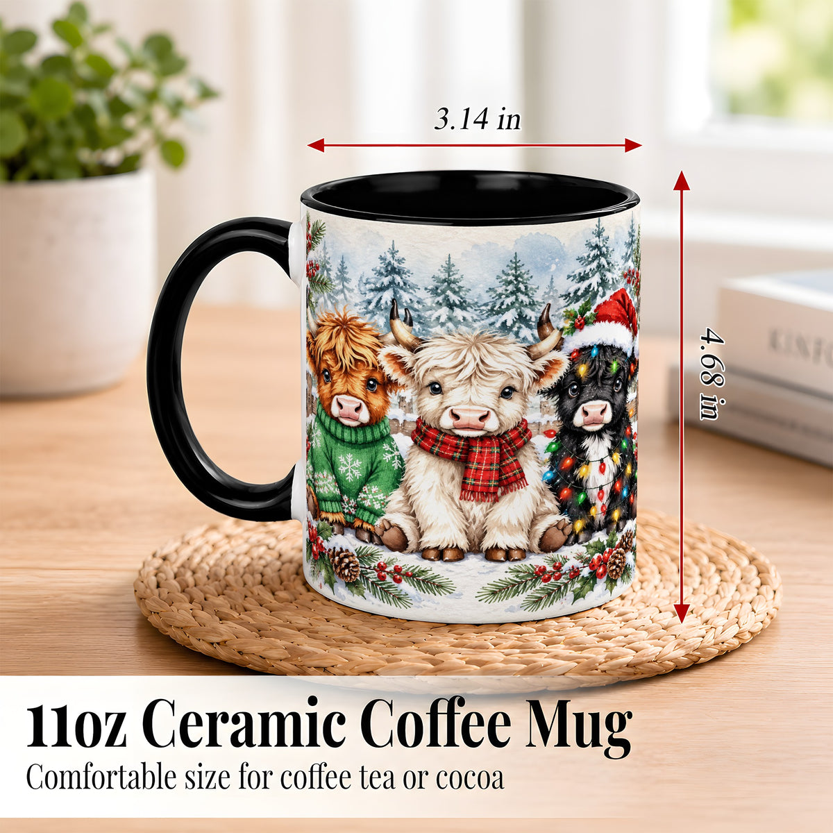 #pl[11oz|Black] Christmas Highland Cattle Coffee Mug, Festive Cow Mug, Ceramic Cup