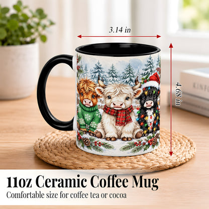 #pl[11oz|Black] Christmas Highland Cattle Coffee Mug, Festive Cow Mug, Ceramic Cup
