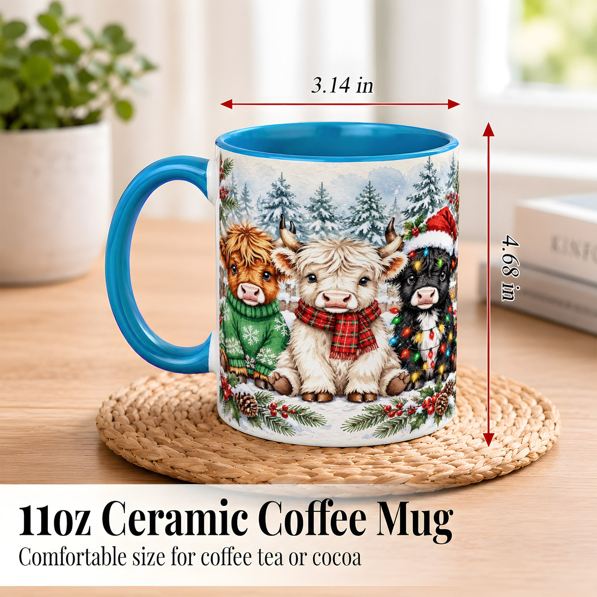 #pl[11oz|Blue] Christmas Highland Cattle Coffee Mug, Festive Cow Mug, Ceramic Cup