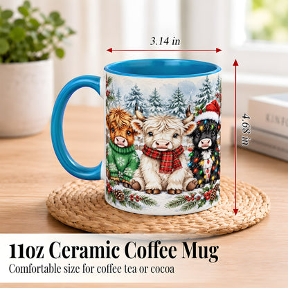 #pl[11oz|Blue] Christmas Highland Cattle Coffee Mug, Festive Cow Mug, Ceramic Cup