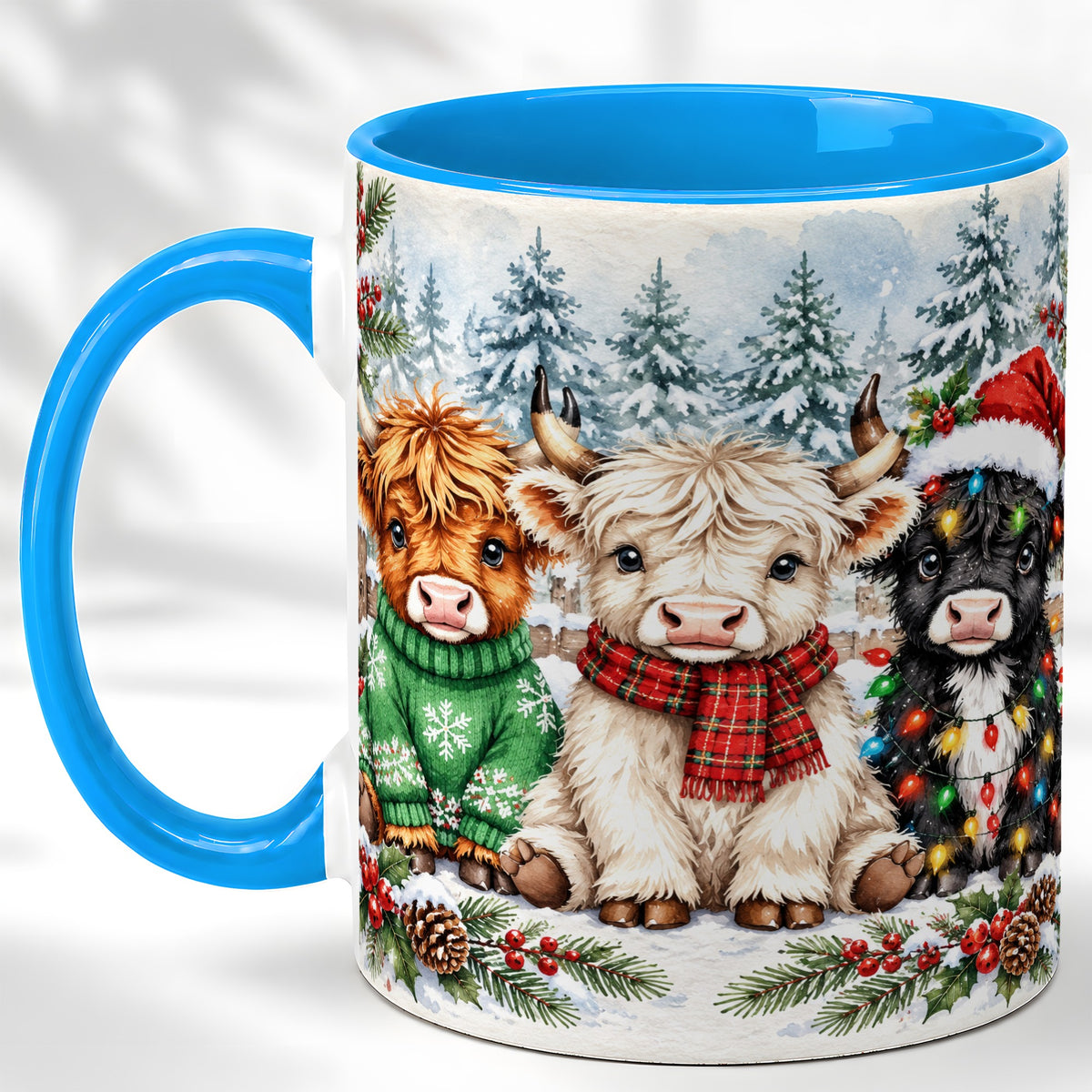 #pl[11oz|Blue] Christmas Highland Cattle Coffee Mug, Festive Cow Mug, Ceramic Cup