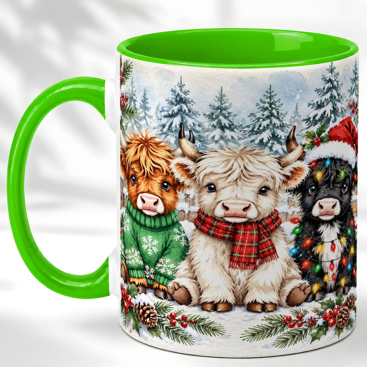 #pl[11oz|Green] Christmas Highland Cattle Coffee Mug, Festive Cow Mug, Ceramic Cup