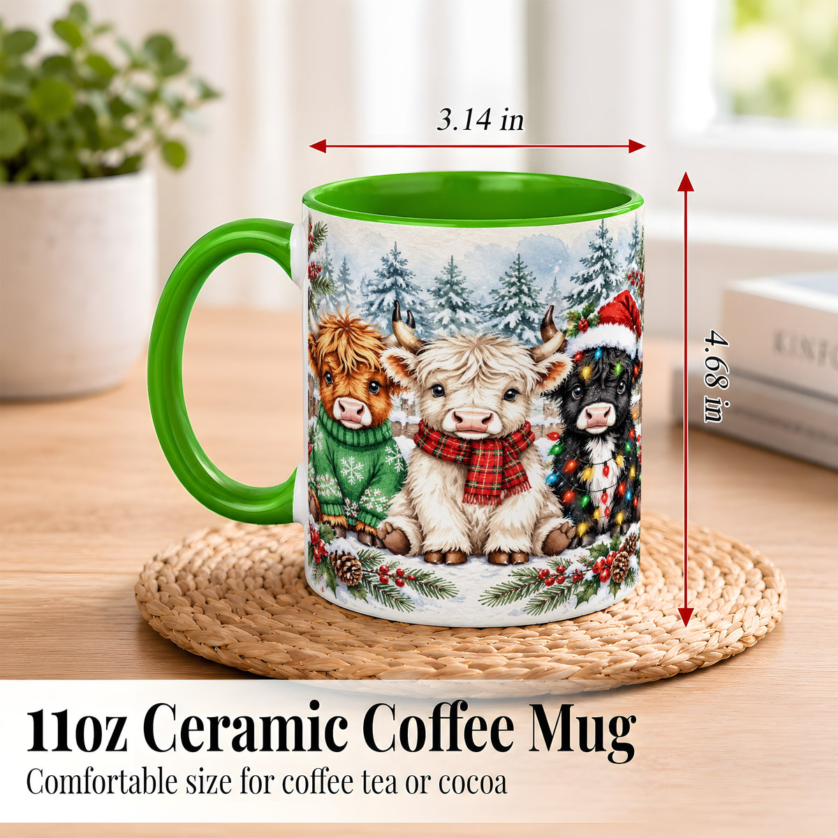 #pl[11oz|Green] Christmas Highland Cattle Coffee Mug, Festive Cow Mug, Ceramic Cup