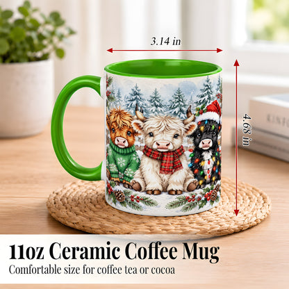 #pl[11oz|Green] Christmas Highland Cattle Coffee Mug, Festive Cow Mug, Ceramic Cup