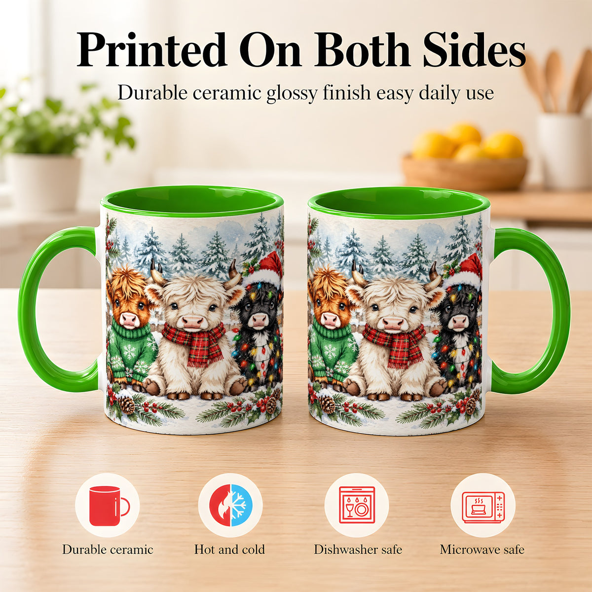 #pl[11oz|Green] Christmas Highland Cattle Coffee Mug, Festive Cow Mug, Ceramic Cup