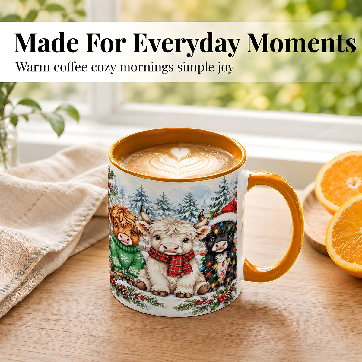 #pl[11oz|Orange] Christmas Highland Cattle Coffee Mug, Festive Cow Mug, Ceramic Cup