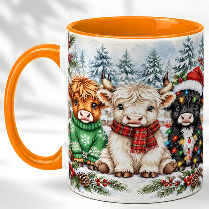 #pl[11oz|Orange] Christmas Highland Cattle Coffee Mug, Festive Cow Mug, Ceramic Cup