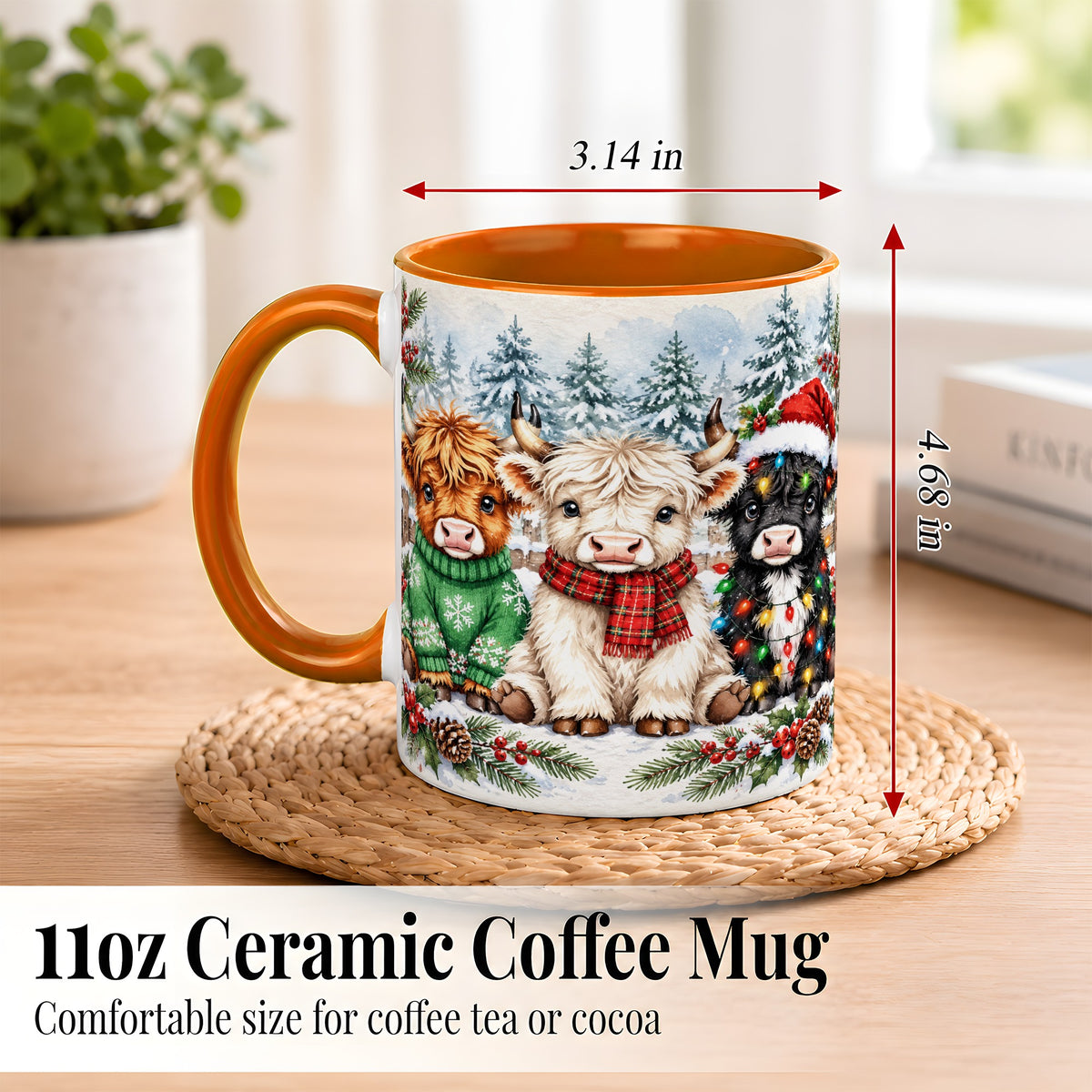 #pl[11oz|Orange] Christmas Highland Cattle Coffee Mug, Festive Cow Mug, Ceramic Cup
