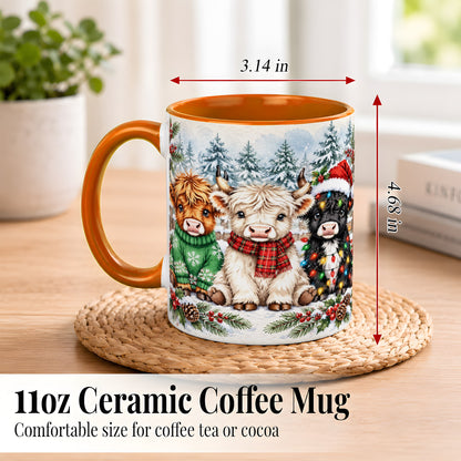 #pl[11oz|Orange] Christmas Highland Cattle Coffee Mug, Festive Cow Mug, Ceramic Cup