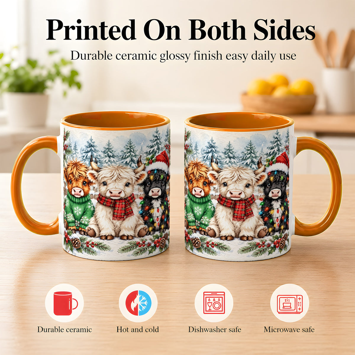 #pl[11oz|Orange] Christmas Highland Cattle Coffee Mug, Festive Cow Mug, Ceramic Cup