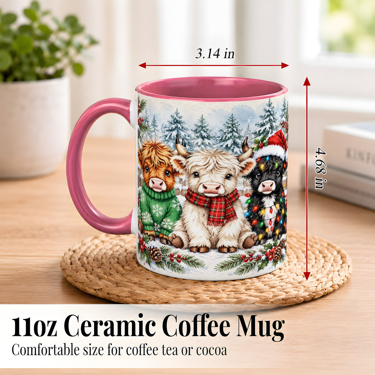 #pl[11oz|Pink] Christmas Highland Cattle Coffee Mug, Festive Cow Mug, Ceramic Cup