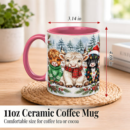 #pl[11oz|Pink] Christmas Highland Cattle Coffee Mug, Festive Cow Mug, Ceramic Cup