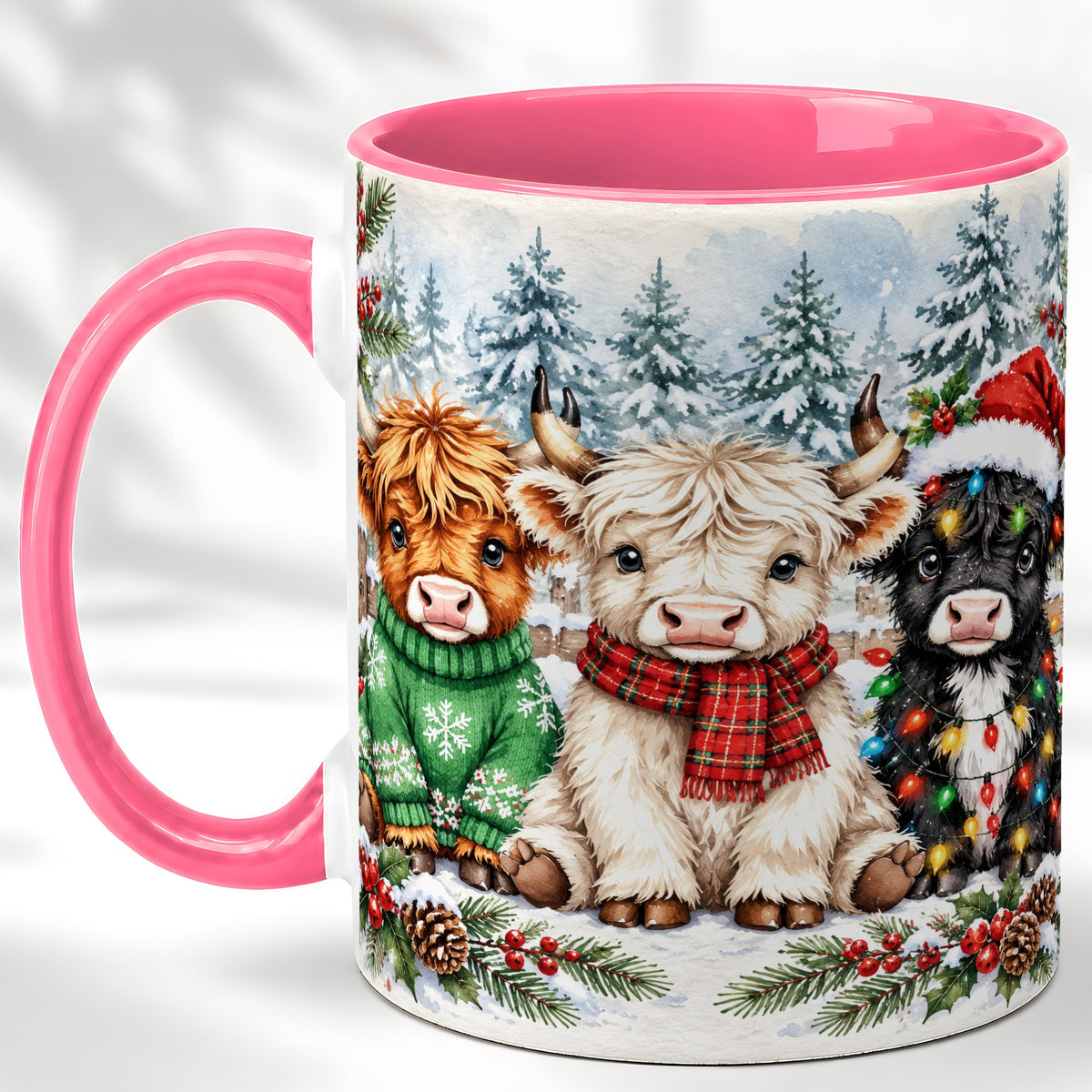#pl[11oz|Pink] Christmas Highland Cattle Coffee Mug, Festive Cow Mug, Ceramic Cup