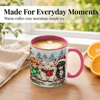 #pl[11oz|Pink] Christmas Highland Cattle Coffee Mug, Festive Cow Mug, Ceramic Cup