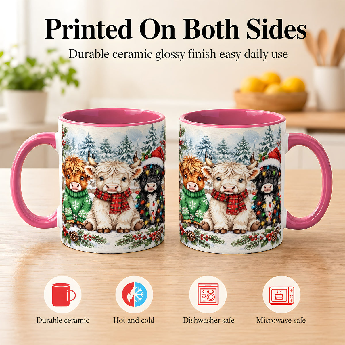 #pl[11oz|Pink] Christmas Highland Cattle Coffee Mug, Festive Cow Mug, Ceramic Cup