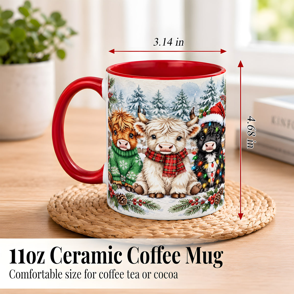 #pl[11oz|Red] Christmas Highland Cattle Coffee Mug, Festive Cow Mug, Ceramic Cup