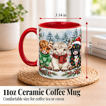 #pl[11oz|Red] Christmas Highland Cattle Coffee Mug, Festive Cow Mug, Ceramic Cup