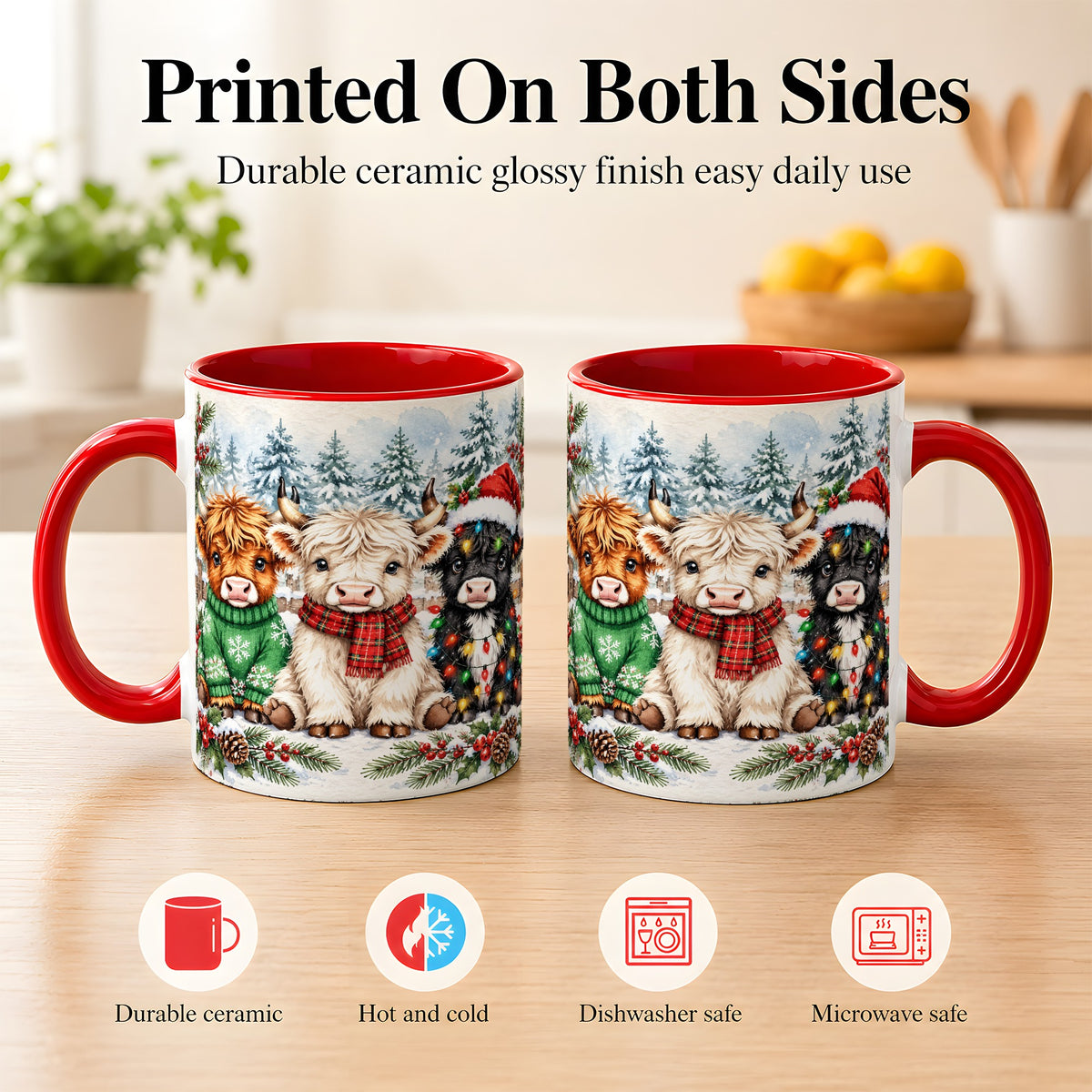 #pl[11oz|Red] Christmas Highland Cattle Coffee Mug, Festive Cow Mug, Ceramic Cup