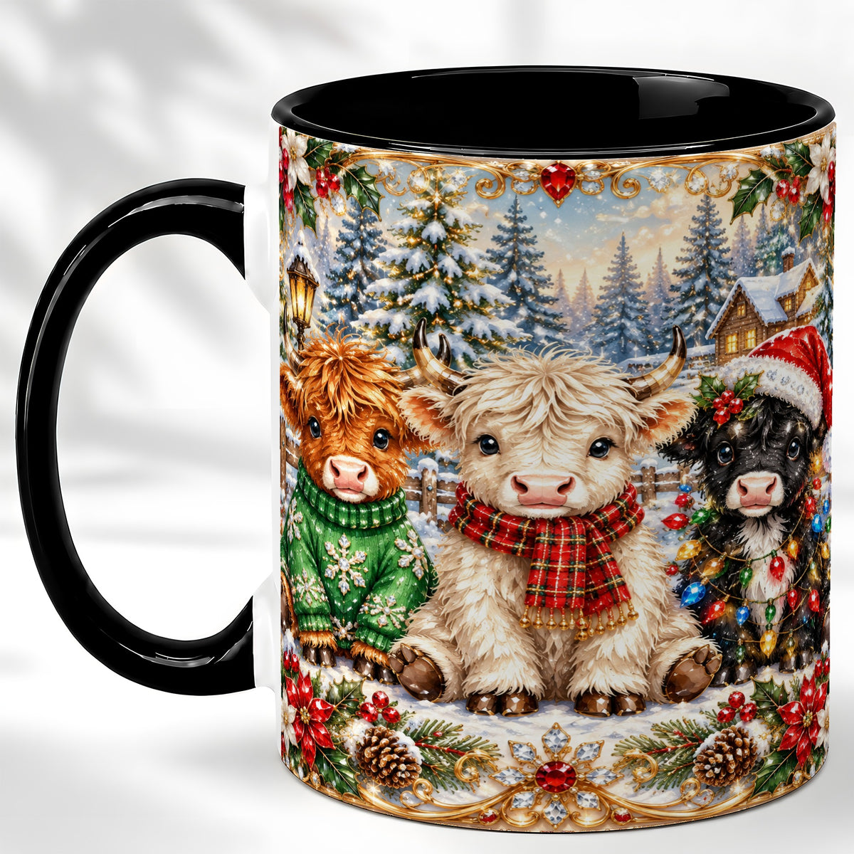 #pl[11oz|Black] Jeweled Highland Cattle Coffee Mug, Christmas Cow Mug, Ceramic Cup