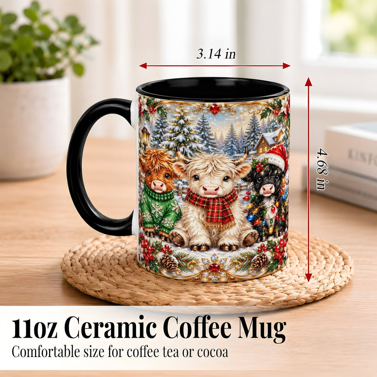 #pl[11oz|Black] Jeweled Highland Cattle Coffee Mug, Christmas Cow Mug, Ceramic Cup