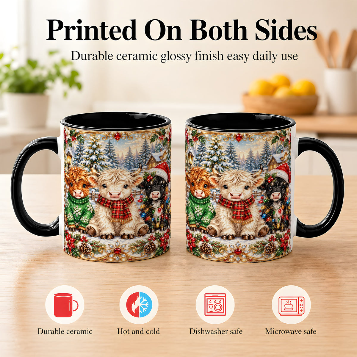 #pl[11oz|Black] Jeweled Highland Cattle Coffee Mug, Christmas Cow Mug, Ceramic Cup