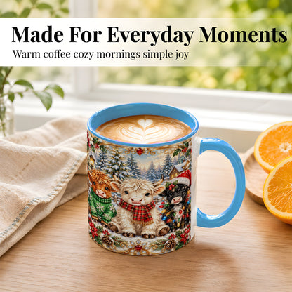 #pl[11oz|Blue] Jeweled Highland Cattle Coffee Mug, Christmas Cow Mug, Ceramic Cup