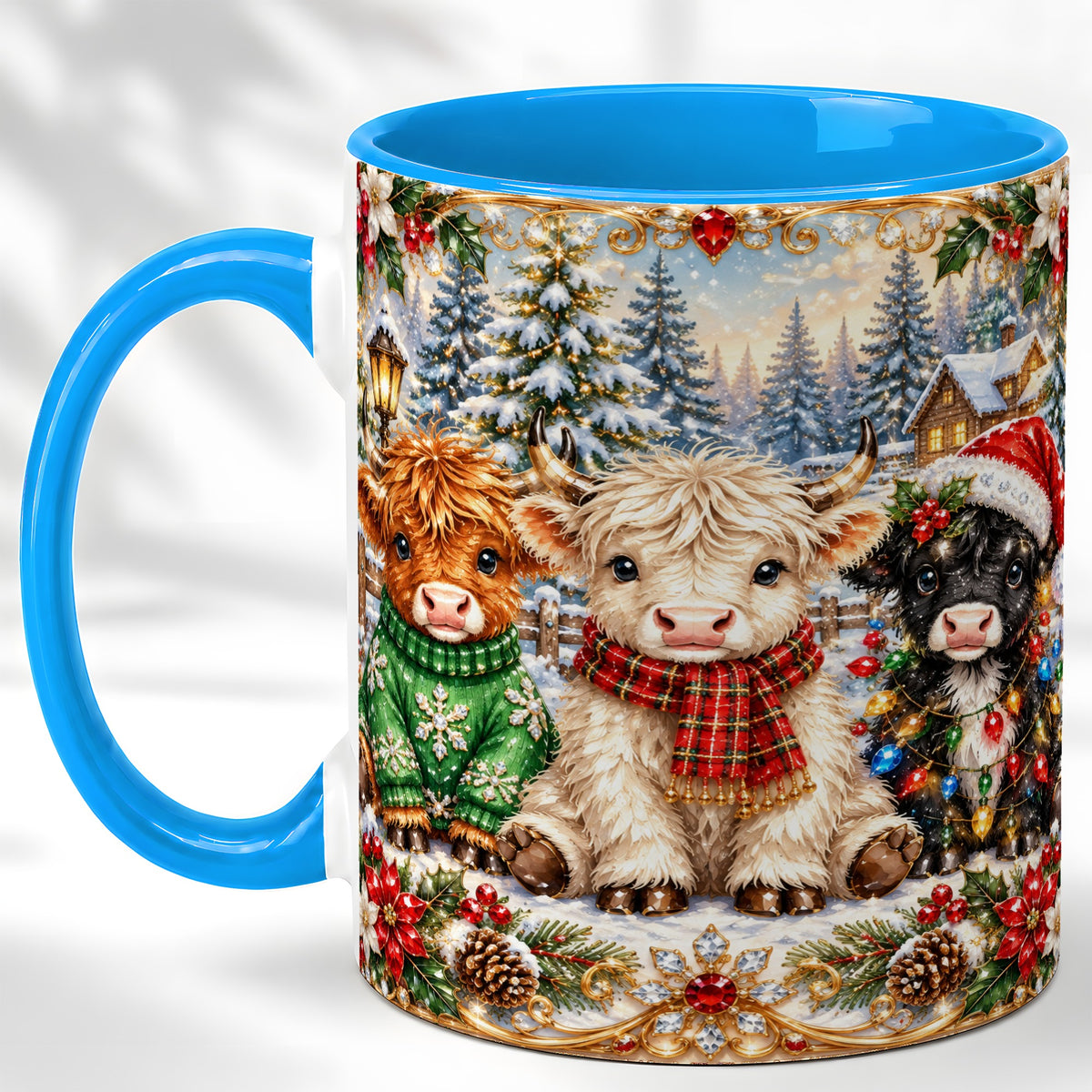 #pl[11oz|Blue] Jeweled Highland Cattle Coffee Mug, Christmas Cow Mug, Ceramic Cup