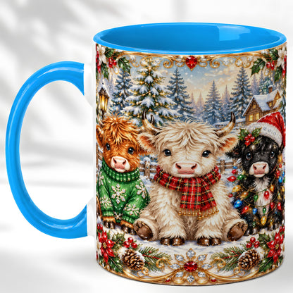 #pl[11oz|Blue] Jeweled Highland Cattle Coffee Mug, Christmas Cow Mug, Ceramic Cup