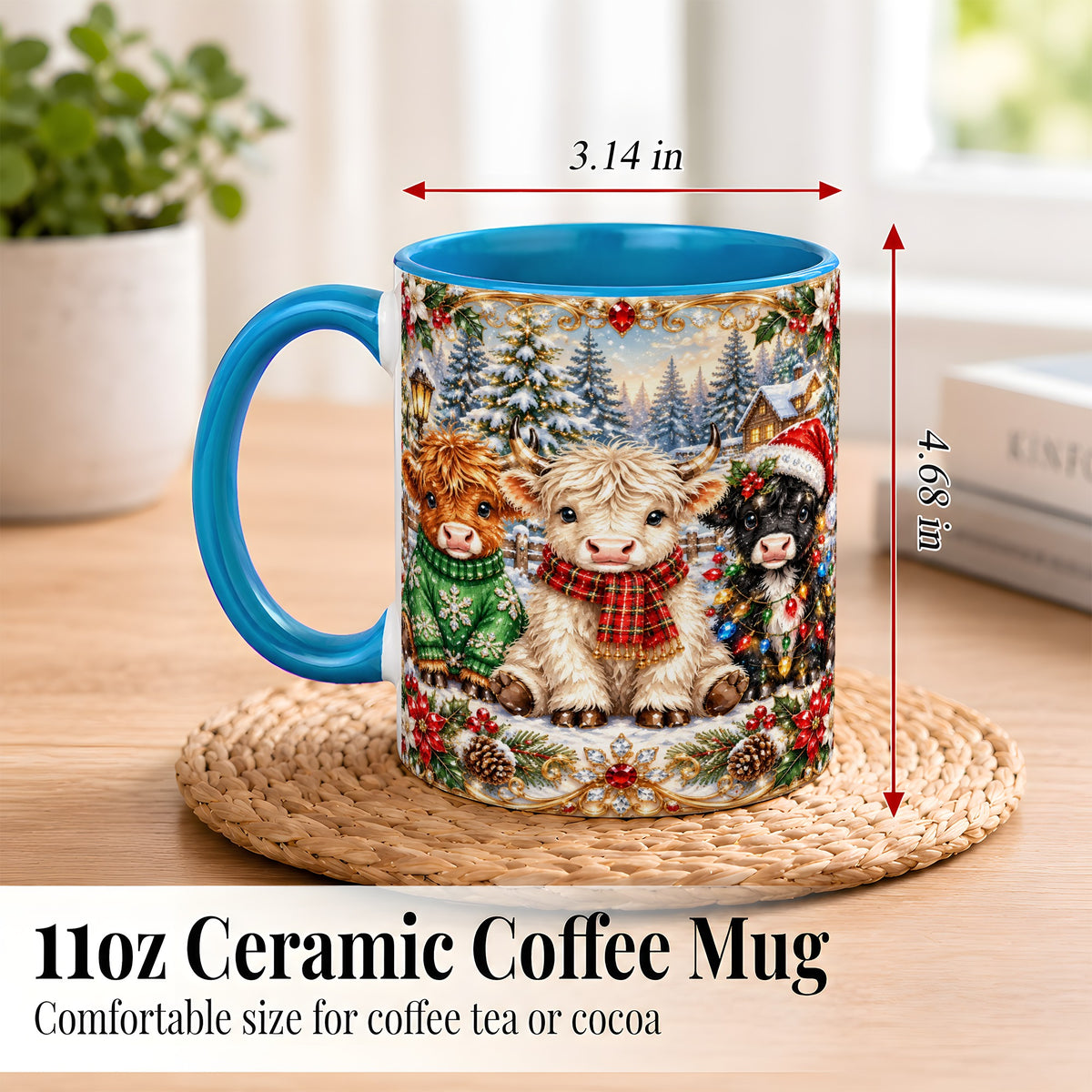 #pl[11oz|Blue] Jeweled Highland Cattle Coffee Mug, Christmas Cow Mug, Ceramic Cup