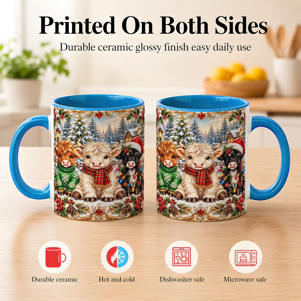 #pl[11oz|Blue] Jeweled Highland Cattle Coffee Mug, Christmas Cow Mug, Ceramic Cup