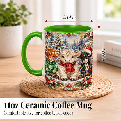 #pl[11oz|Green] Jeweled Highland Cattle Coffee Mug, Christmas Cow Mug, Ceramic Cup