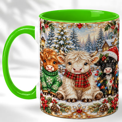 #pl[11oz|Green] Jeweled Highland Cattle Coffee Mug, Christmas Cow Mug, Ceramic Cup