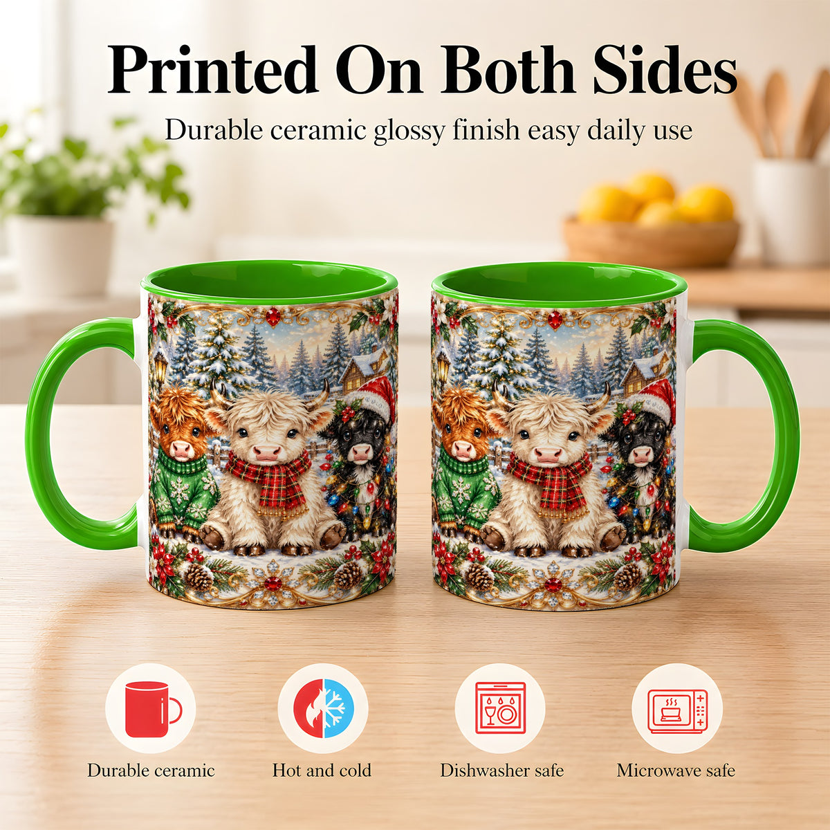 #pl[11oz|Green] Jeweled Highland Cattle Coffee Mug, Christmas Cow Mug, Ceramic Cup