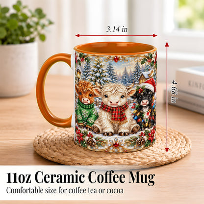 #pl[11oz|Orange] Jeweled Highland Cattle Coffee Mug, Christmas Cow Mug, Ceramic Cup