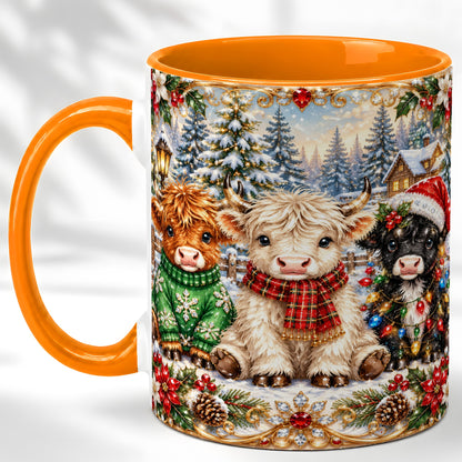 #pl[11oz|Orange] Jeweled Highland Cattle Coffee Mug, Christmas Cow Mug, Ceramic Cup