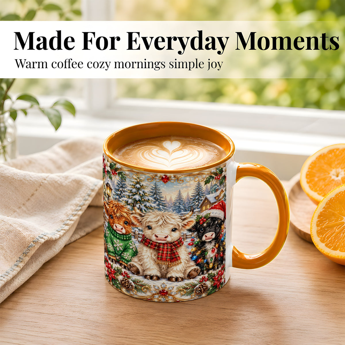 #pl[11oz|Orange] Jeweled Highland Cattle Coffee Mug, Christmas Cow Mug, Ceramic Cup
