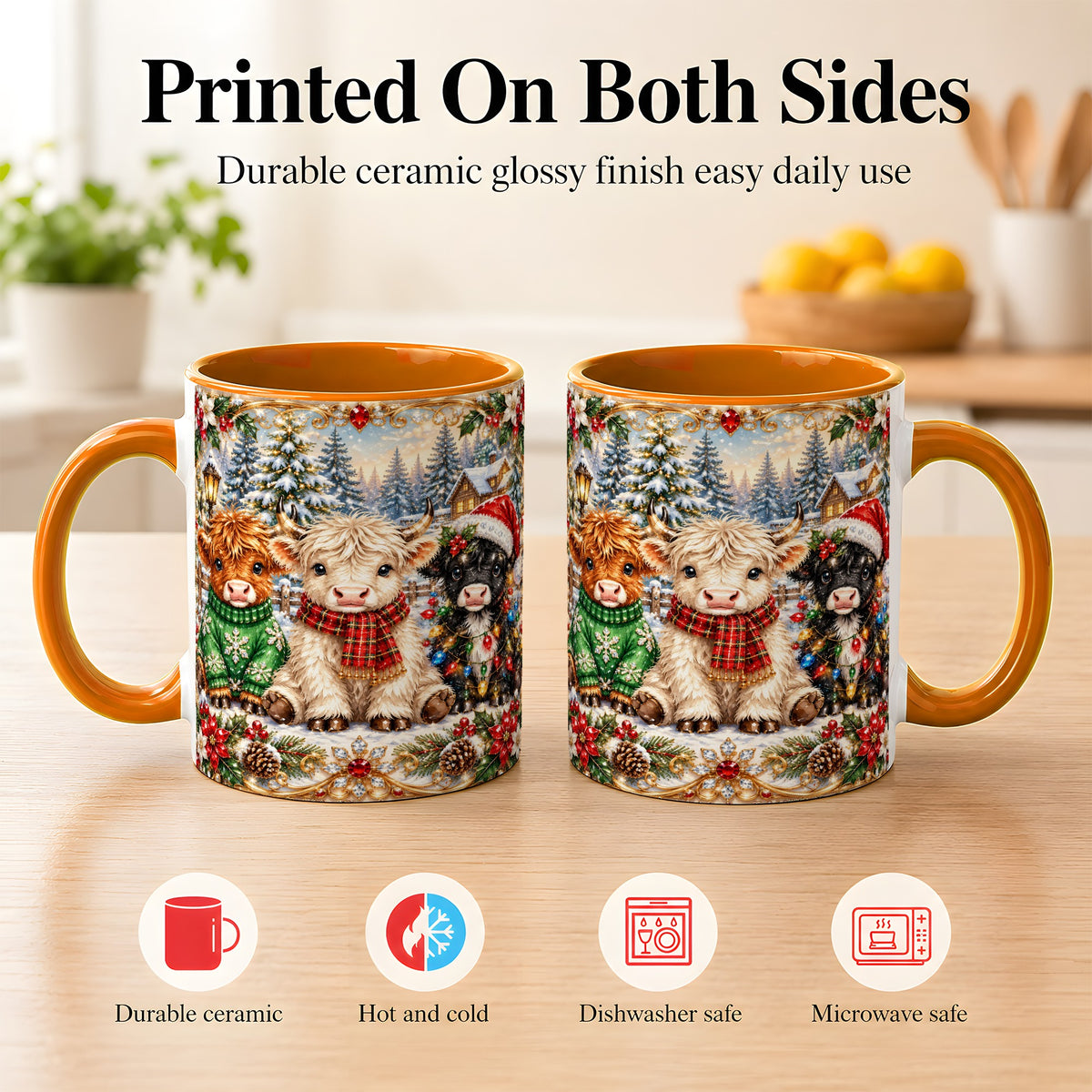 #pl[11oz|Orange] Jeweled Highland Cattle Coffee Mug, Christmas Cow Mug, Ceramic Cup