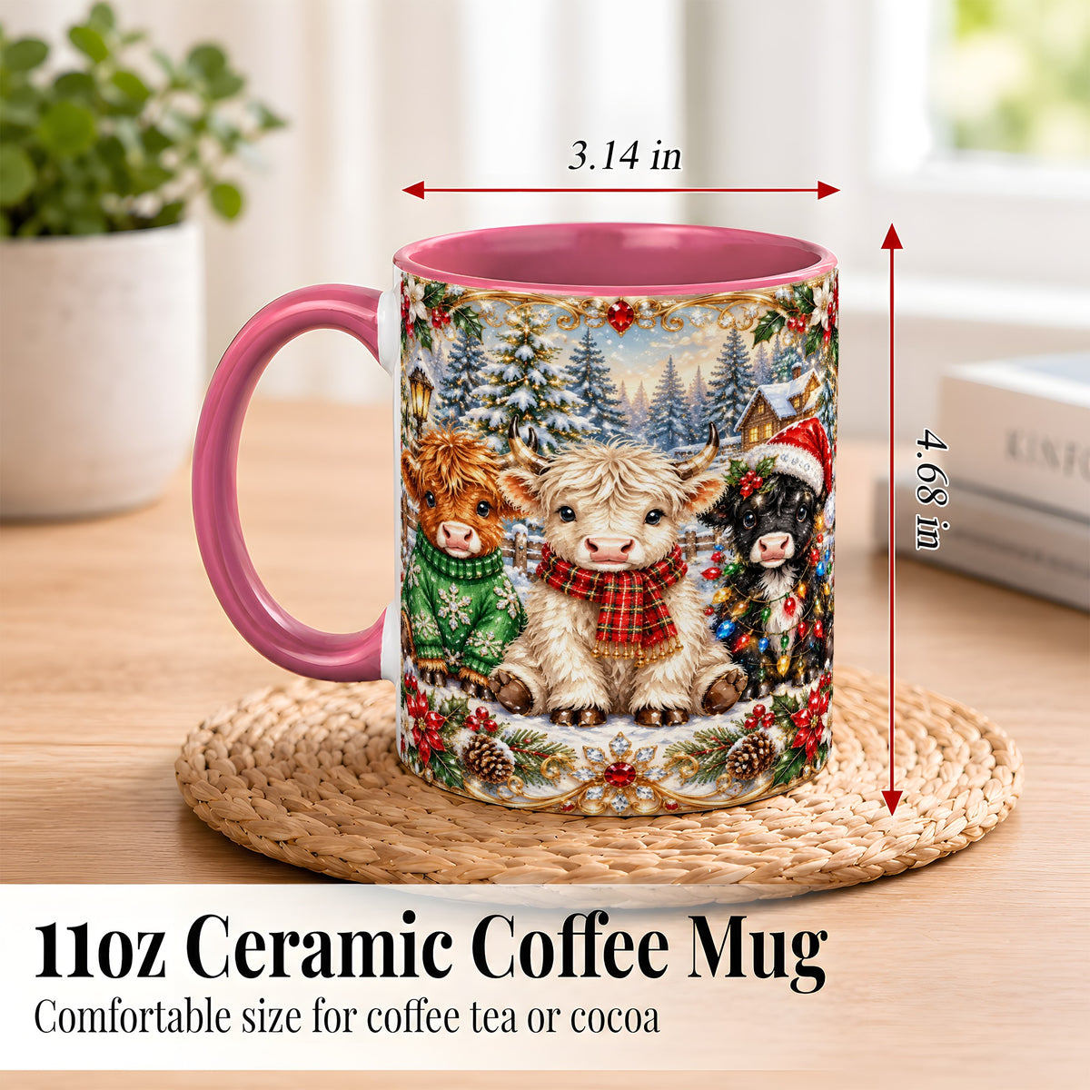 #pl[11oz|Pink] Jeweled Highland Cattle Coffee Mug, Christmas Cow Mug, Ceramic Cup