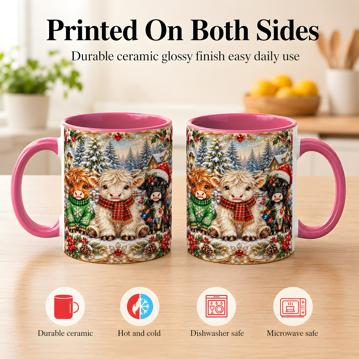 #pl[11oz|Pink] Jeweled Highland Cattle Coffee Mug, Christmas Cow Mug, Ceramic Cup