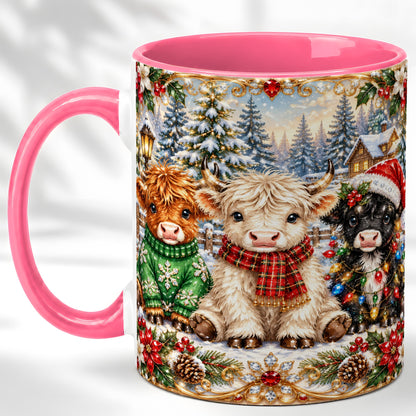#pl[11oz|Pink] Jeweled Highland Cattle Coffee Mug, Christmas Cow Mug, Ceramic Cup
