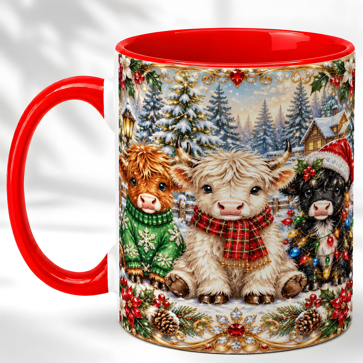 #pl[11oz|Red] Jeweled Highland Cattle Coffee Mug, Christmas Cow Mug, Ceramic Cup