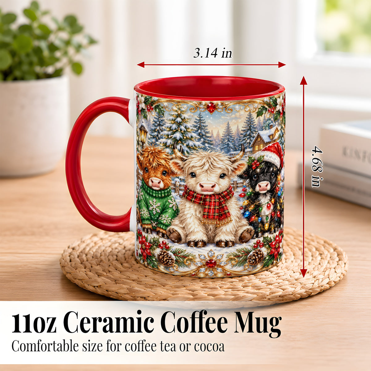#pl[11oz|Red] Jeweled Highland Cattle Coffee Mug, Christmas Cow Mug, Ceramic Cup